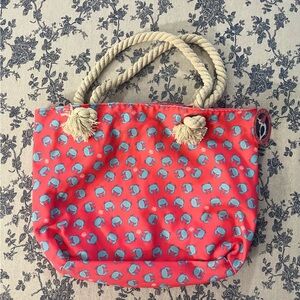 Pink Canvas Rope-Handle Beach Tote with Blue Crabs NWT